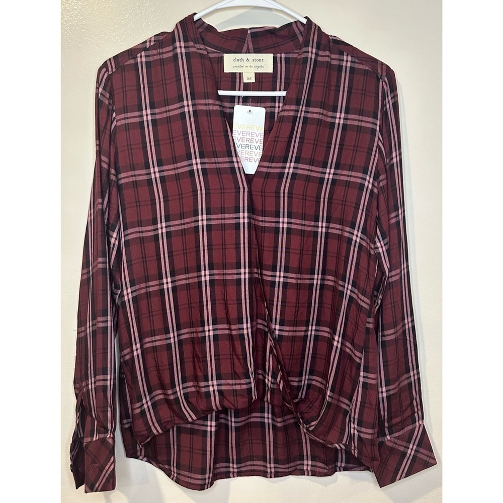 Cloth & Stone NWT Women's Drape Front Plaid‎ Blouse Top Burgundy/Pink Size XS